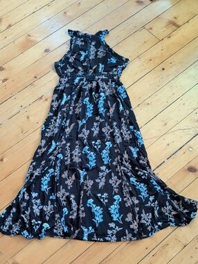 Angie Black Floral Maxi Dress with Blue and Taupe Prints, Backless, Halter